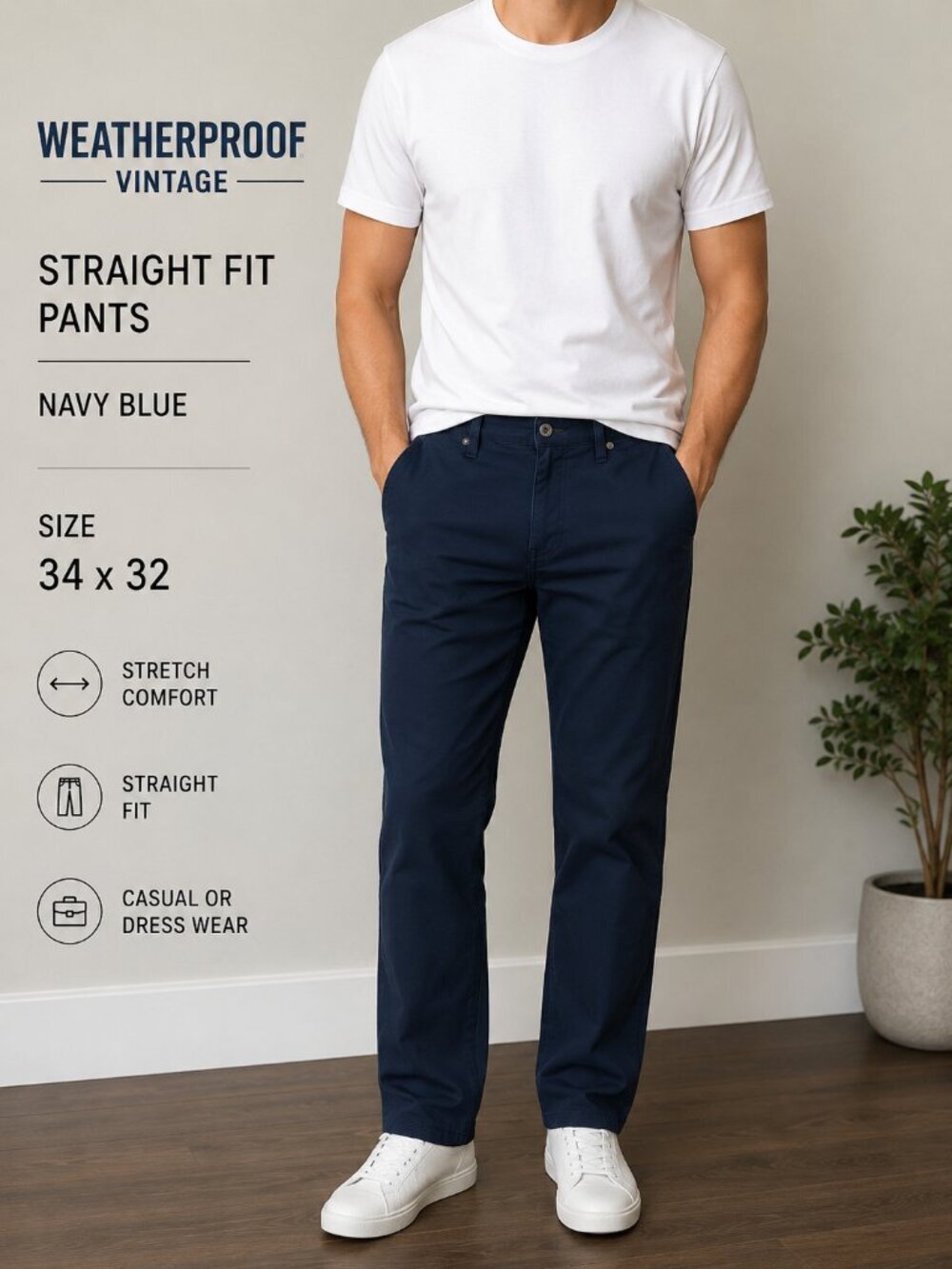 Weatherproof Vintage Straight Fit Navy Blue Pants Men’s 34x32 Casual Dress Stret